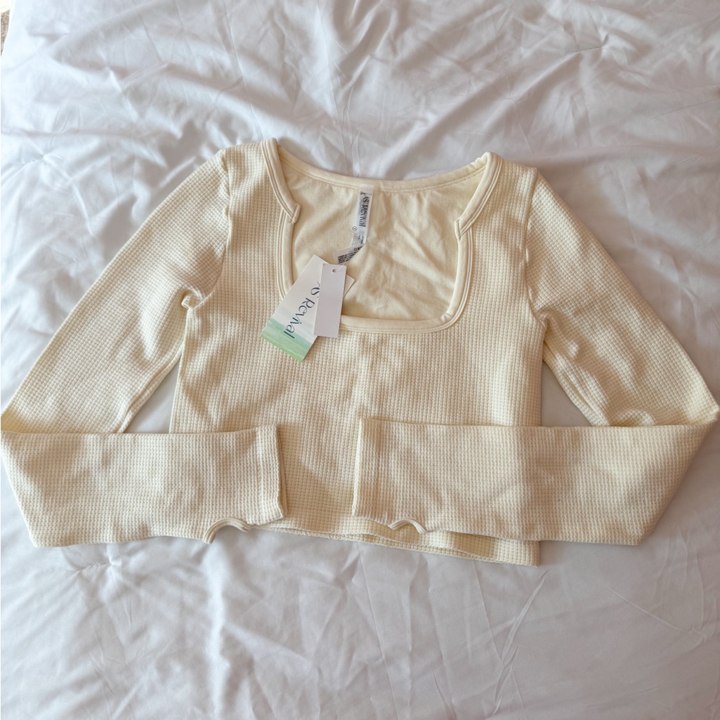 Altar’d State Revival Ivory Waffle Knit Square Neck Long Sleeve Top Size L/Xl